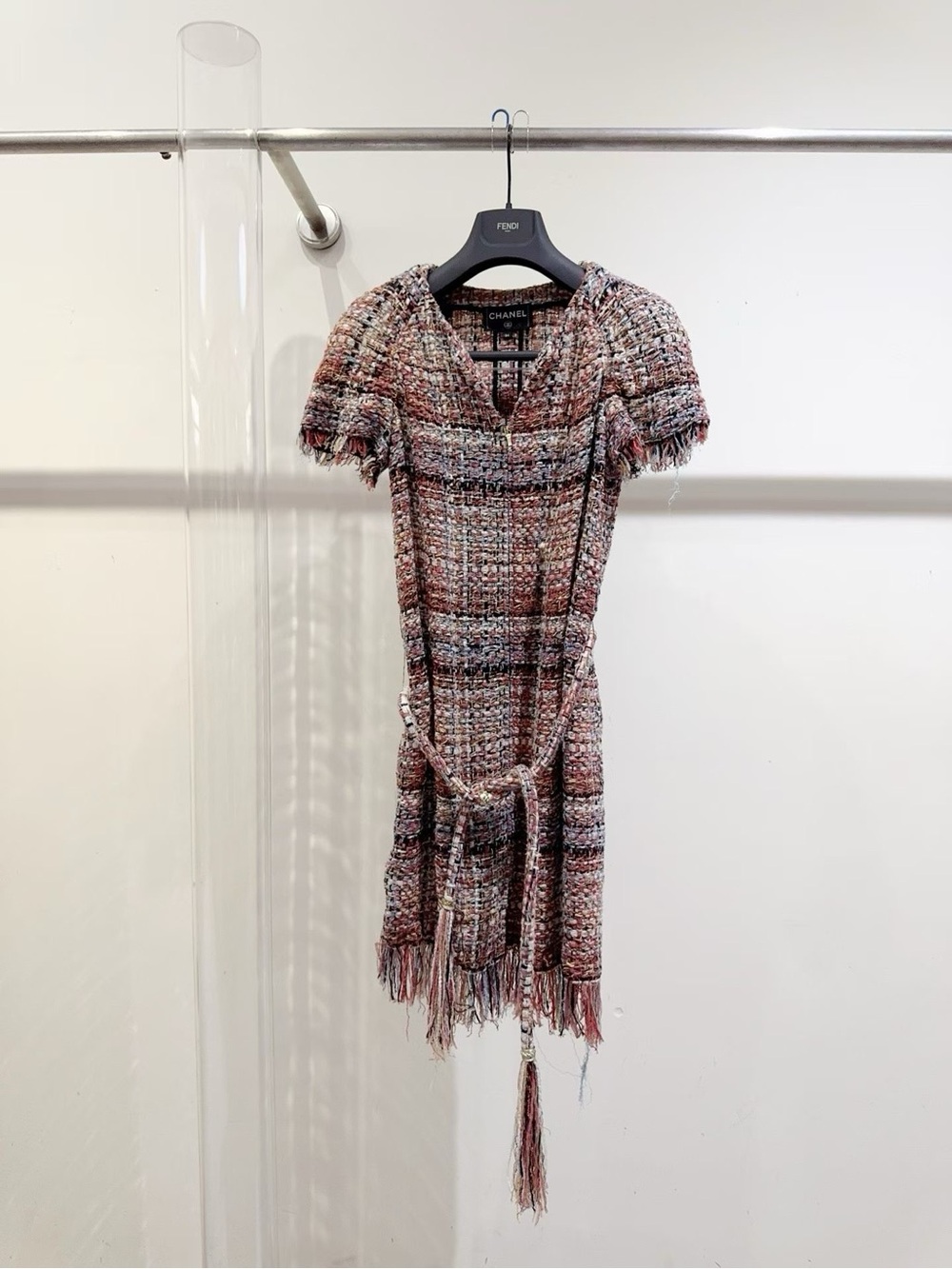 CHANEL Pink Multi Tweed Short Sleeve Mini Dress with Fringe Belt